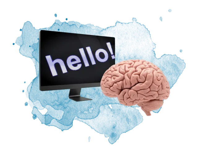 Graphic of computer monitor displaying 'hello!' beside a human brain on a blue splash