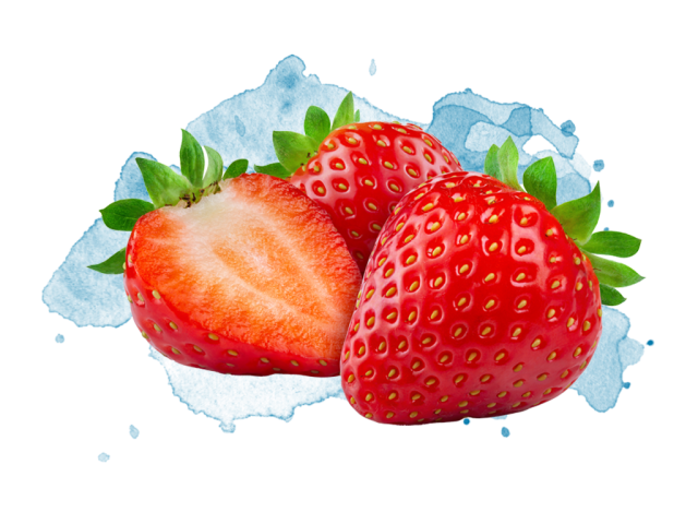 Three ripe strawberries, one halved, bright red with green leaves (photograph)