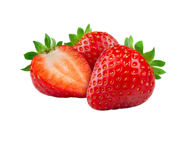 Three ripe red strawberries with green leaves, one cut in half