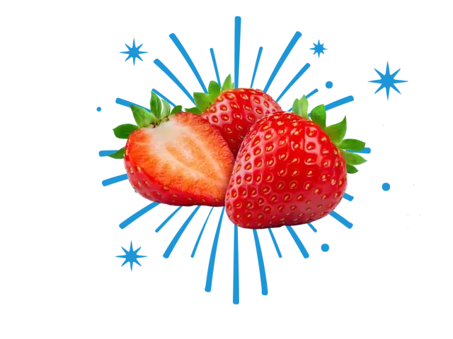 Graphic of whole and halved strawberry over blue starburst