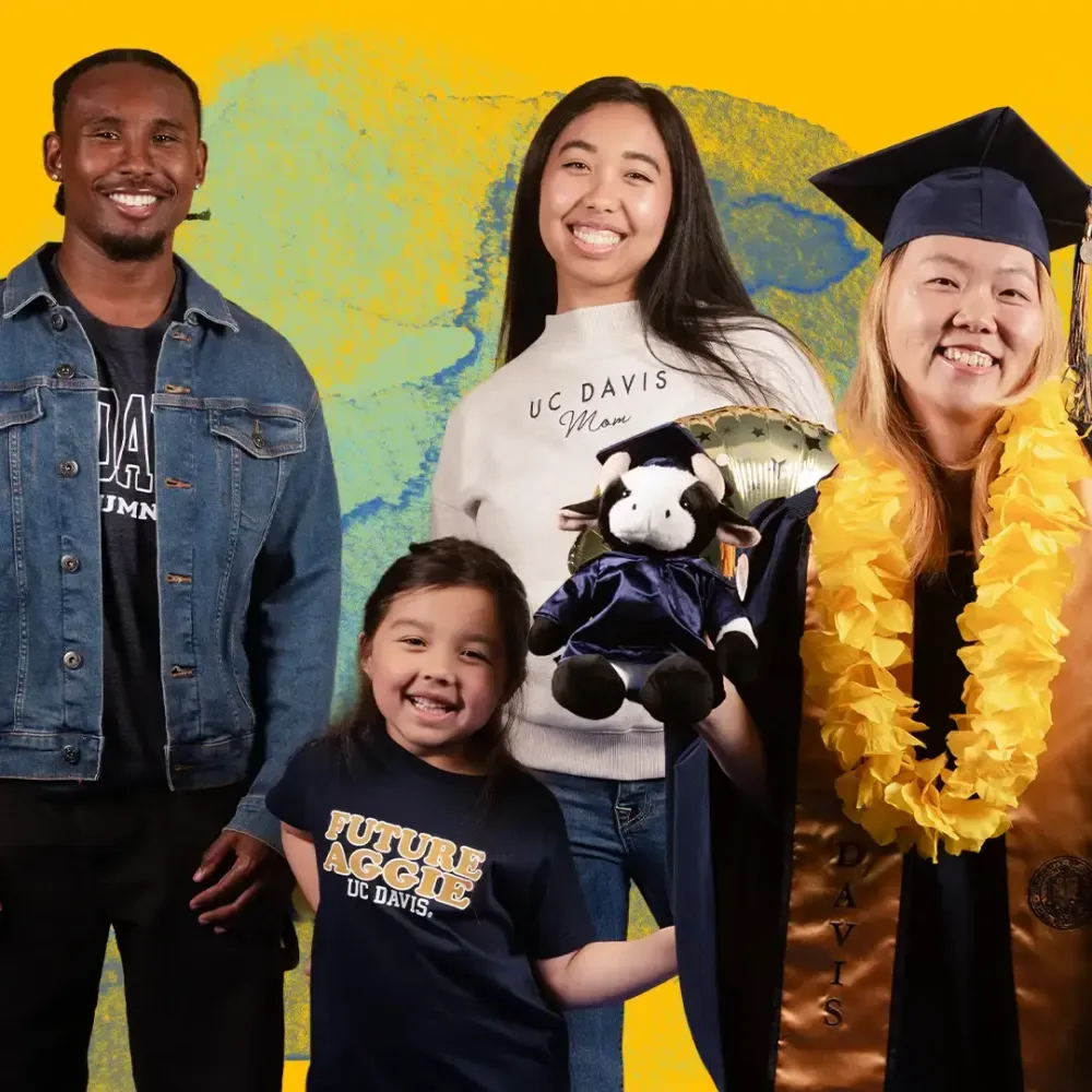 Four smiling people on colorful backdrop; graduate in cap and lei, girl holding stuffed toy.