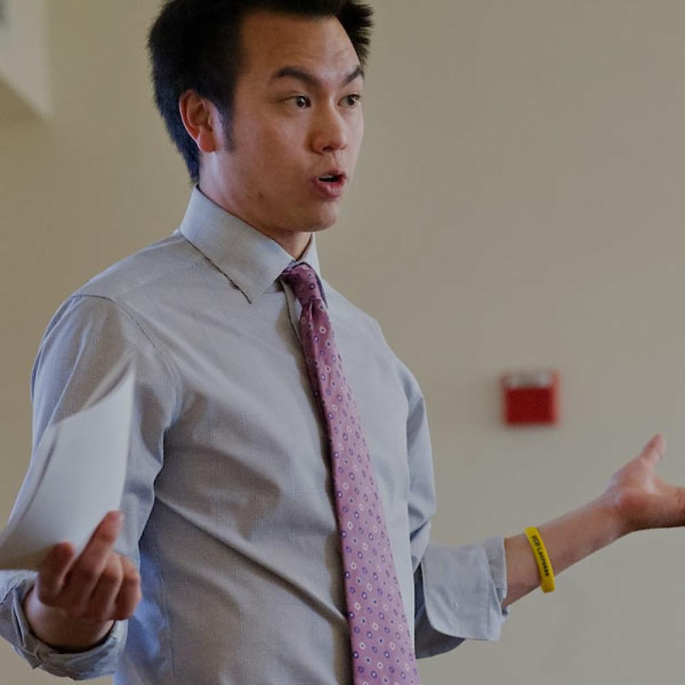 An MBA student speaks to his peers at UC davis