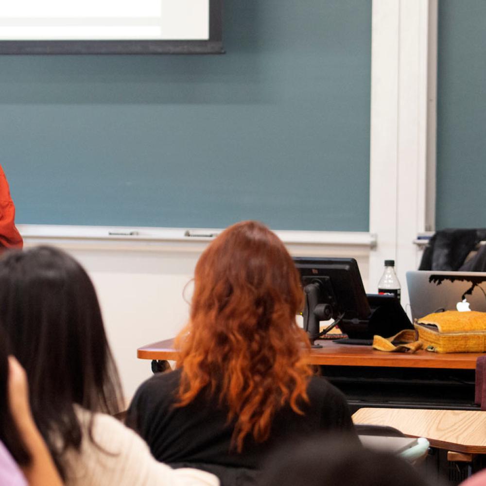 A buddhist monk addresses a UC Davis religious studies class