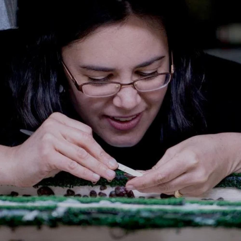 A female researcher works with samples