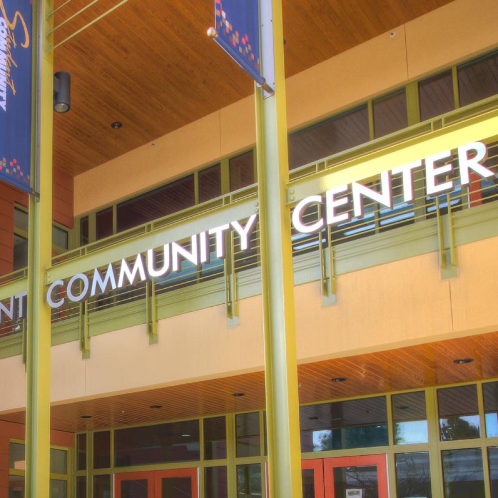 "Student Community Center" exterior sign