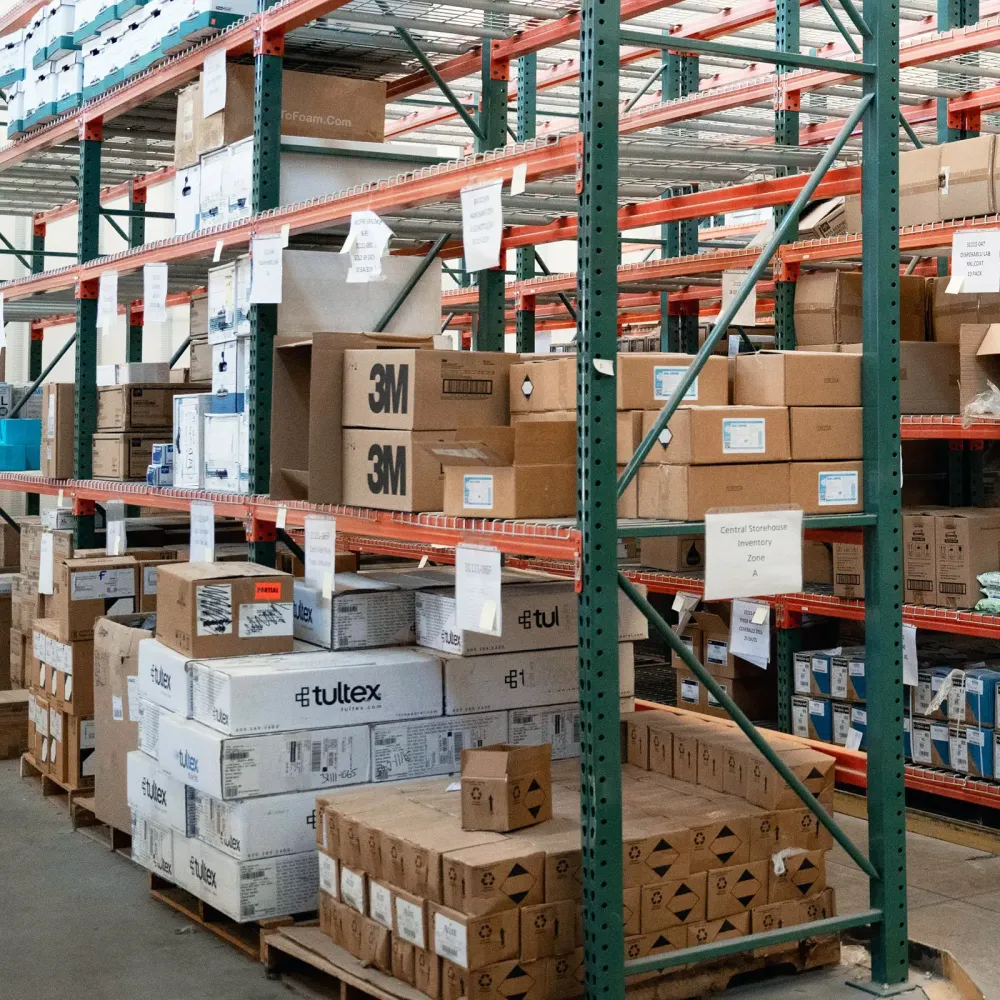 Shelves in a warehouse stacked with boxes