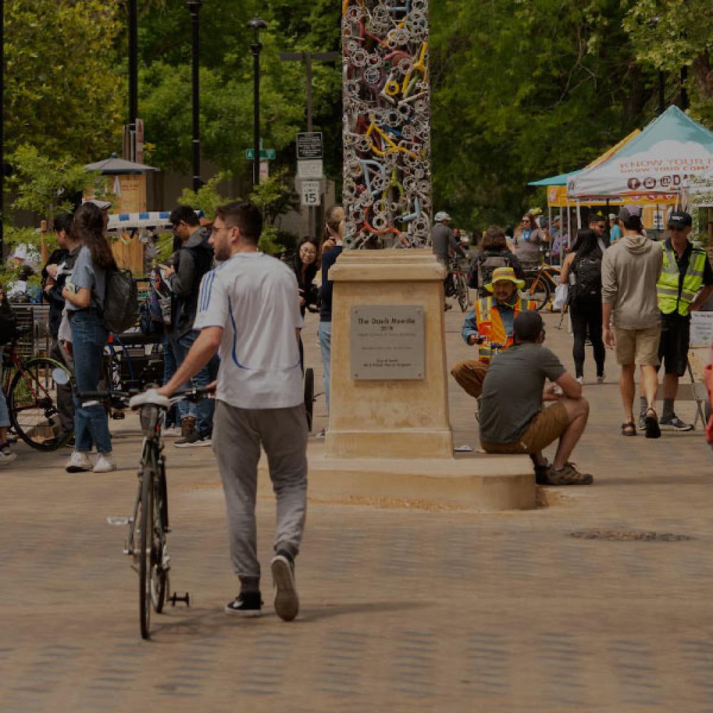 A UCD student walks his bike through downtown Davis