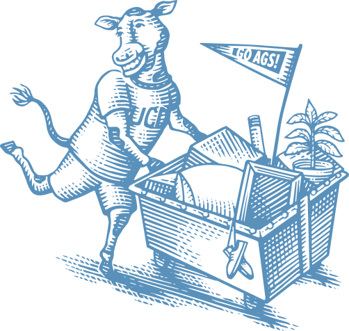 Blue line illustration of a dancing pig pushing a cart holding a potted plant and flag