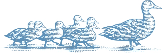 Blue silhouette graphic of a mother duck leading three ducklings on water