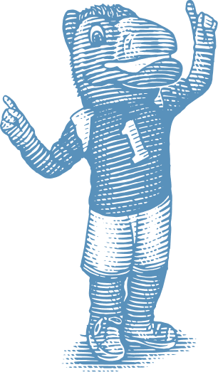 Blue stylized frog graphic standing upright with raised arms