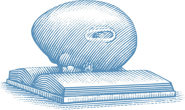 Graphic of a blue rubber stamp on a rectangular ink pad