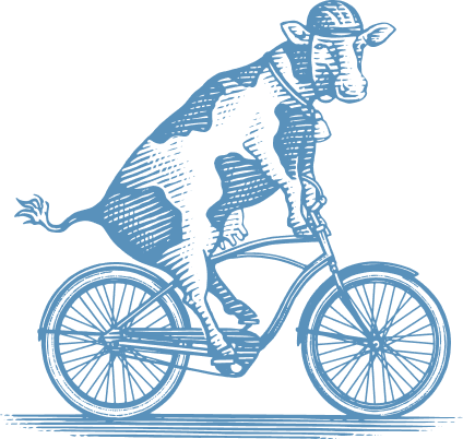 Stylized blue graphic of a pig riding a bicycle