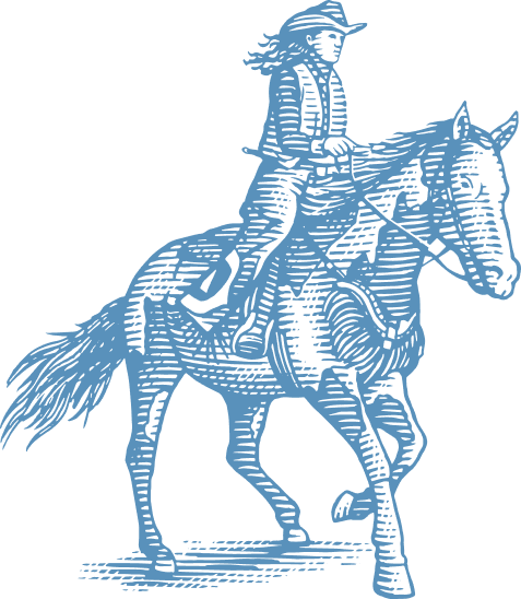 Blue silhouette graphic of a cowboy riding a horse