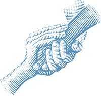 Blue engraved illustration of two hands clasping in a supportive grip.