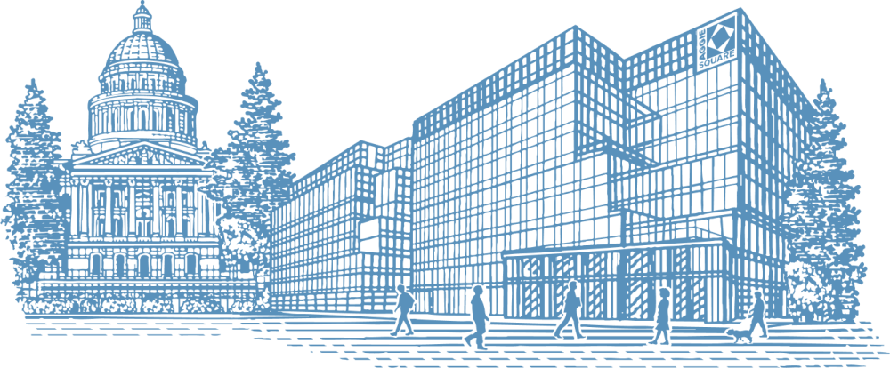 Blue graphic of domed classical building beside modern office block