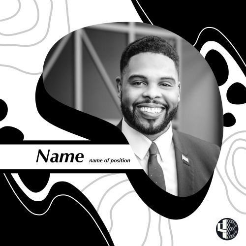 A man smiles in a headshot template with abstract designs.