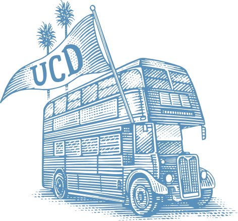 Blue graphic logo of a bus with a waving flag reading UC