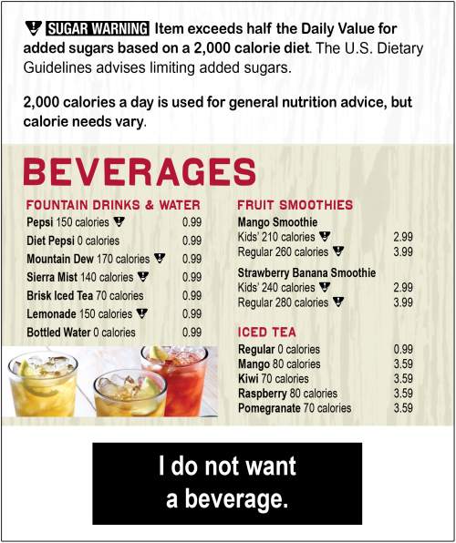 A label listing a range of beverages with information about calories and sugar content/