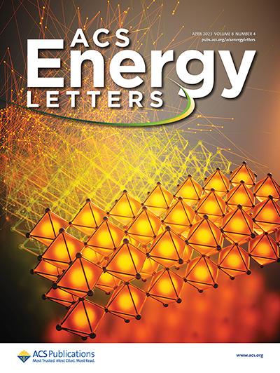 Image of a journal cover. Background is rows of orange tetrahedral shapes. Text in white reads ACS Energy Letters.