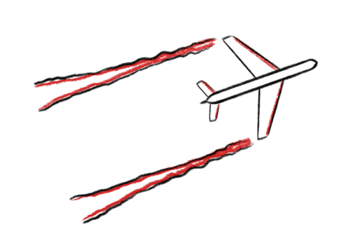 Illustration of airplane with two red-and-black contrails on white background