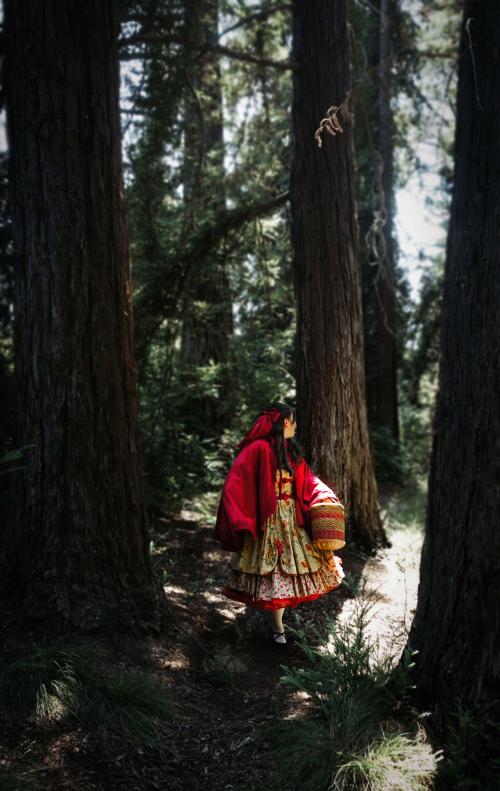 Young girl in red dress playing a part in play "Into the Woods" photographed among trees