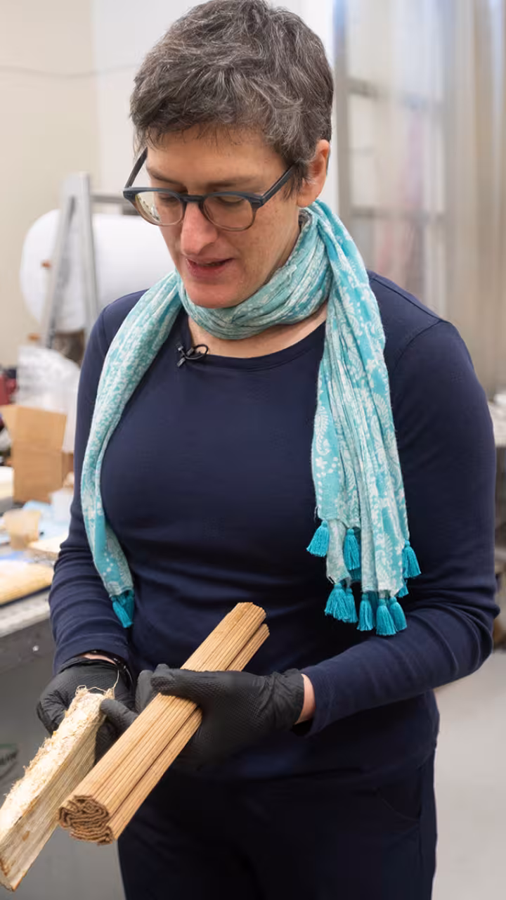 Woman holds rectangular materials in a lab
