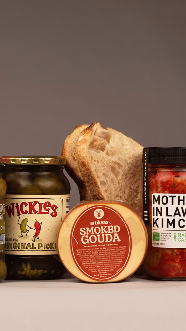 A group shot of food products that are probiotic, prebiotic and fermented