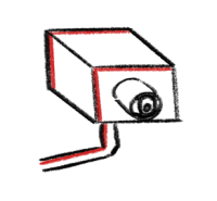 Hand-drawn rectangular security camera with red accents and a trailing cable.