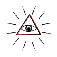 Hand-drawn graphic: red triangle with a single black eye and radiating black strokes