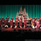 Mariachi Sol de Mexico on stage decorated with Christmas trees.