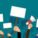 Drawing of union picketers' forearms and hands, holding signs (blank) and a megaphone