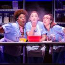 Three waitresses making a pie at a table, blowing a handful of flour into the air.