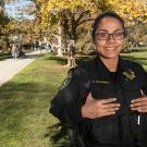 Catalina Hernandez in police uniform on the UC Davis campus