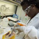 Female student in lab gear working on an experiment to separate DNA