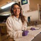 Maia Yellowhorse, a pharmaceutical chemistry major, in Lisa Miller's lab