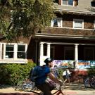 North Hall with bicyclist passing by