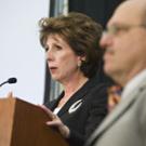 Chancellor Linda Katehi delivers the annual State of the Campus speech. Academic Senate Chair Robert Powell is standing next to her.