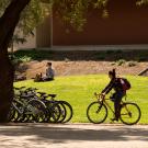 students studying and on bikes