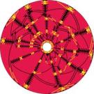 Graphic: Red circle with black and yellow designs inside.