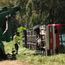 Tow truck tips old Unitrans bus onto its side, for training exercises.