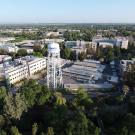 An aerial view of campus showing the water tower