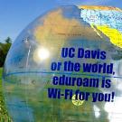 The globe as a beach ball, imprinted with UC Davis promotion for eduroamBeach ball