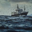 Fishing vessel on stormy ocean with seabirds flying around it.