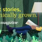 Illustration of a young woman reading a magazine with greenery around her