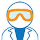 Graphic: Lab worker (cartoon-like character) in goggles.