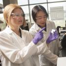 Two women in laboratory look at glass lab slide.