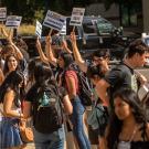 Students gather outside to meet orientation leaders 