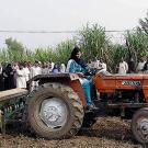 A woman driving a tractor as people watch