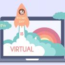 Graphic: "107th Picnic Day is Virtual," rocket ship launching off lapotp screen