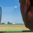 Farmer staring out of rice harvester at a field of rice during harvest